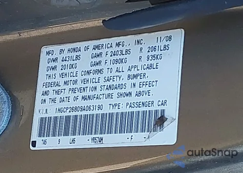 2009 Honda Accord 2.4 Ex-L из США, поврежденный, VIN 1HGCP26809A063190